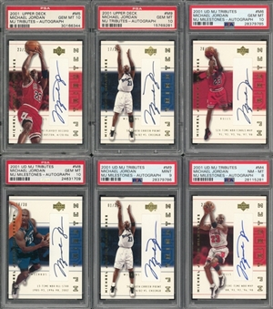 2001/02 Upper Deck Michael Jordan Tributes and Milestones (#/30) PSA-Graded Signed Collection (6) - Including Jordans Jersey Number PSA GEM MT 10 Example!